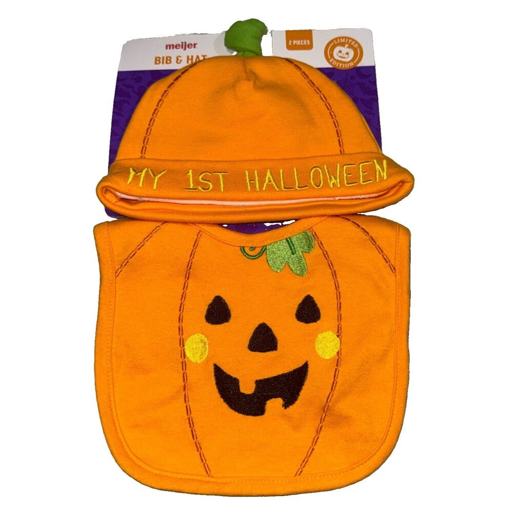 Halloween My 1st Halloween Pumpkin Bib & Hat Set Orange NEW